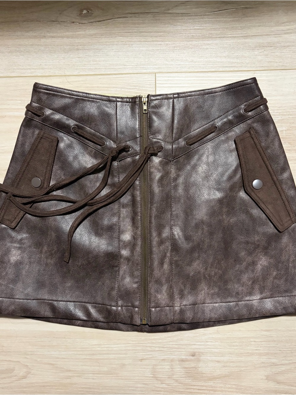 Promesa Dark Brown Faux Leather Lace-Up Front Mini Skirt